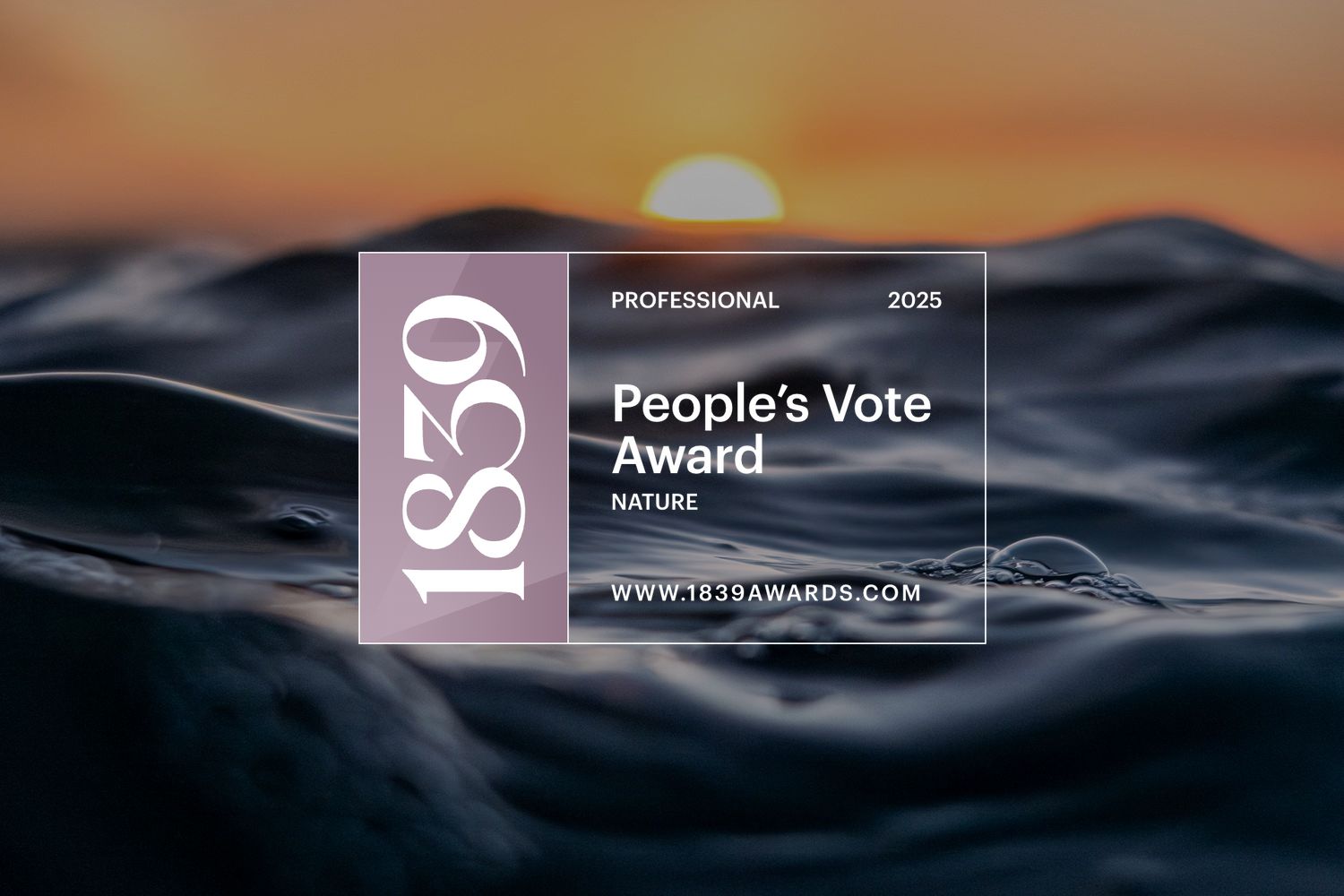 People's Vote Award Badge over the Flowing Tales photo: A surreal image of a dark blue wavy sea with smooth, flowing patterns and intricate details. The sky is bathed in golden and orange hues from a sunset, with the sun partly hidden behind the horizon. The contrast between the dark blue waves and the warm sky creates a striking, otherworldly scene.