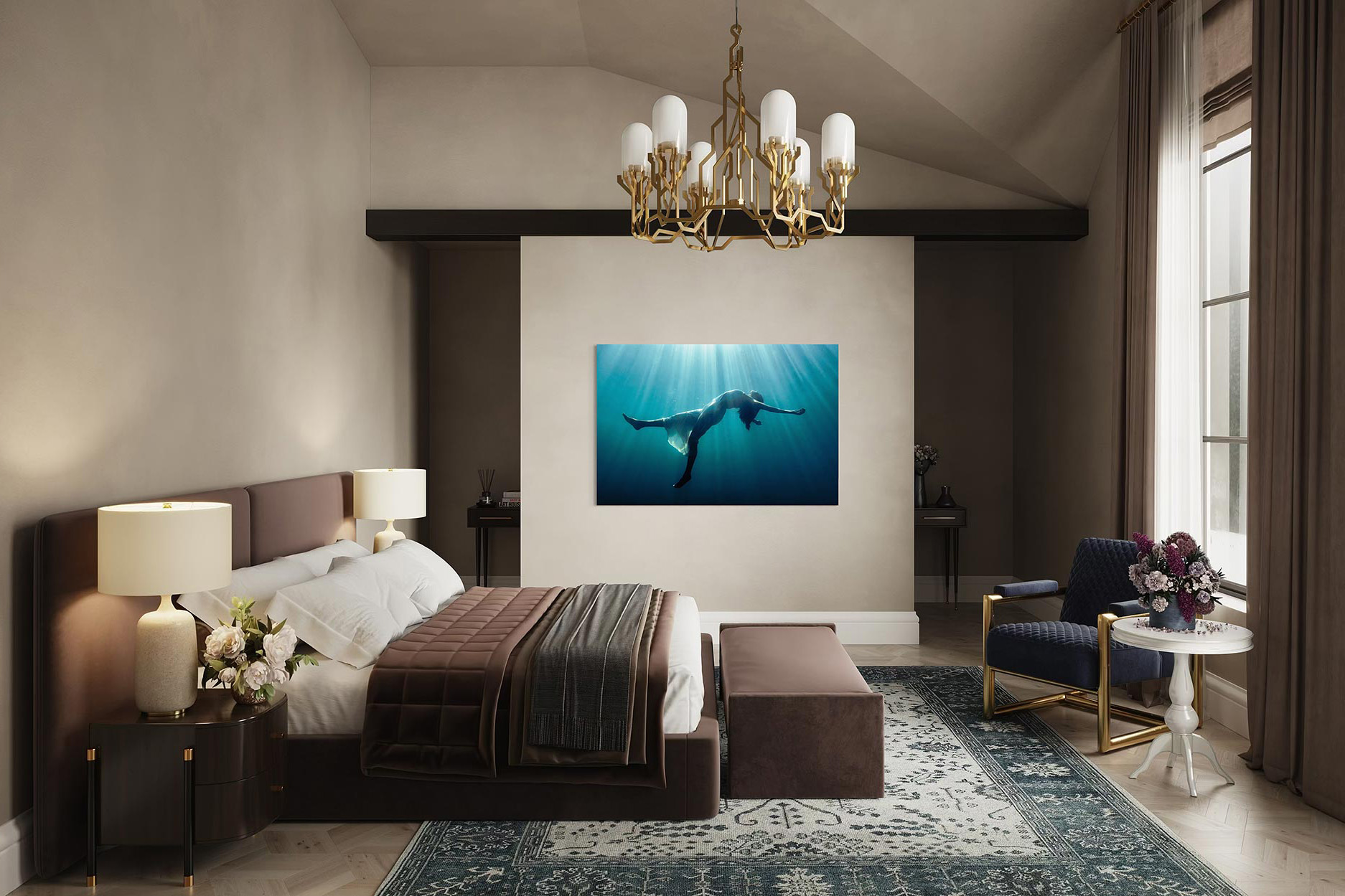 A framed underwater fine art photograph displayed on a bedroom wall, showing a floating female figure suspended in blue water, illuminated by soft rays of light from above.