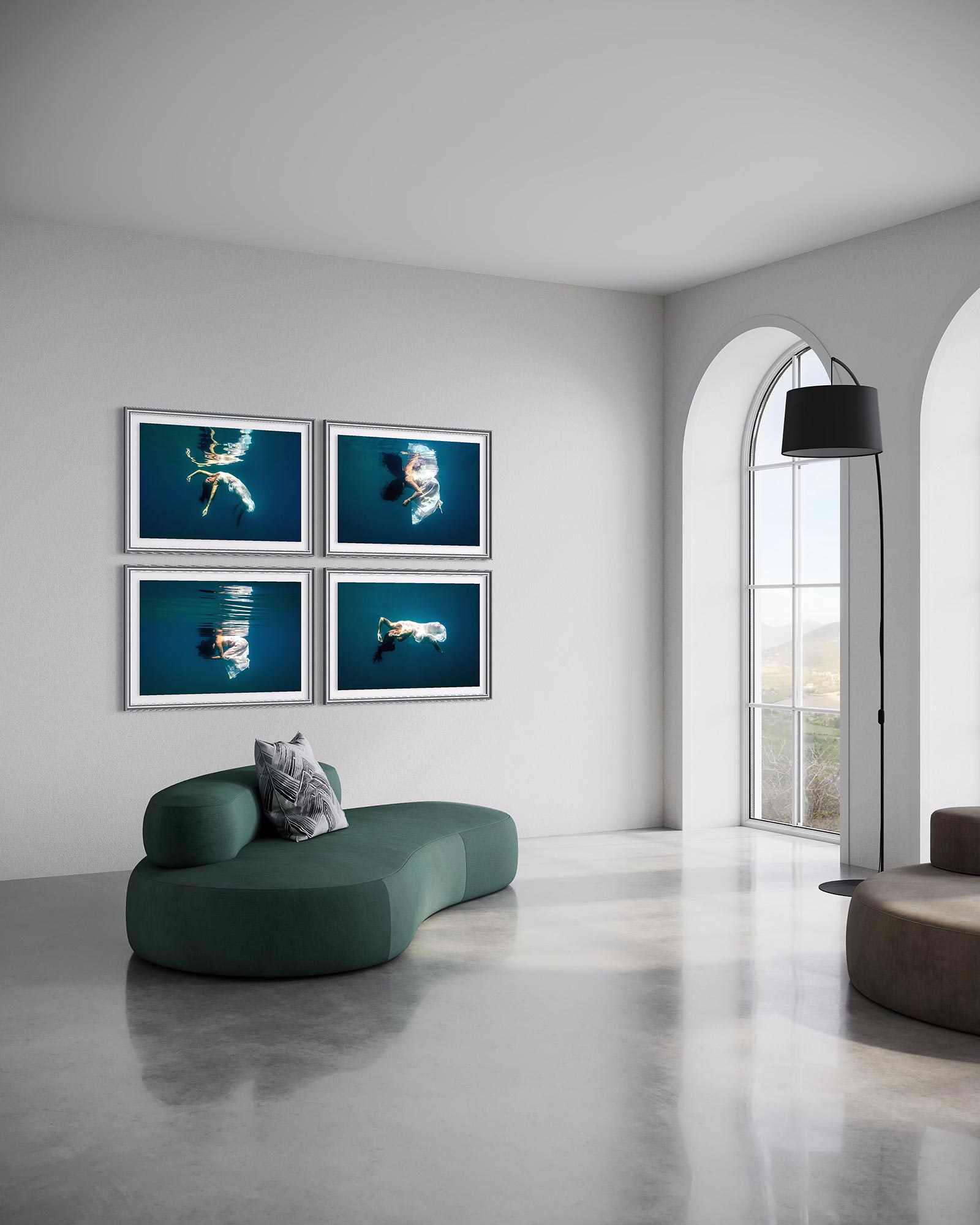 A Quadriptych of fine art underwater portraits photo prints displayed in four frames in a modern, bright, minimalistic living room above the sofa.