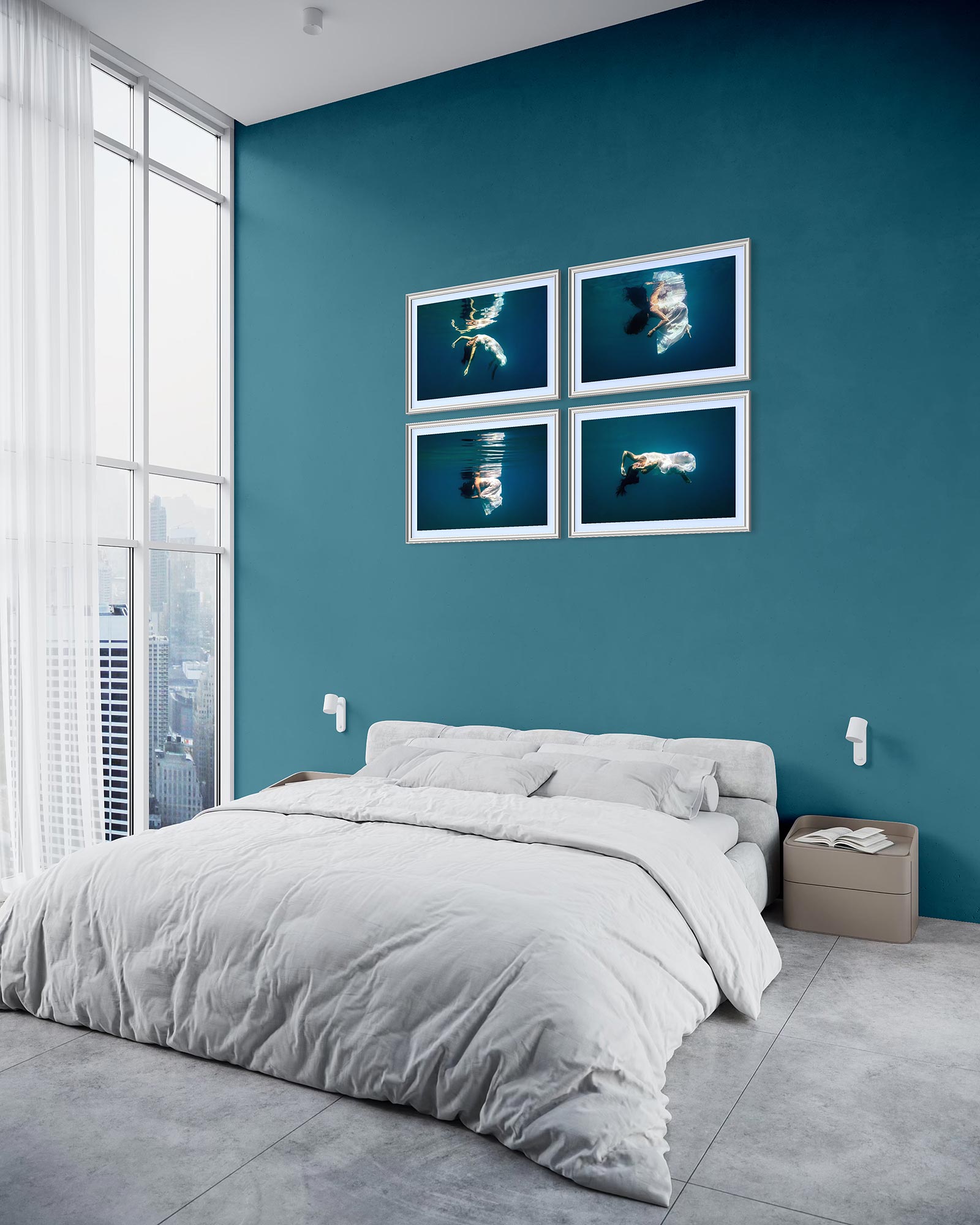 A Quadriptych of fine art underwater portraits photo prints displayed in four frames on a green bedroom wall above the bed.