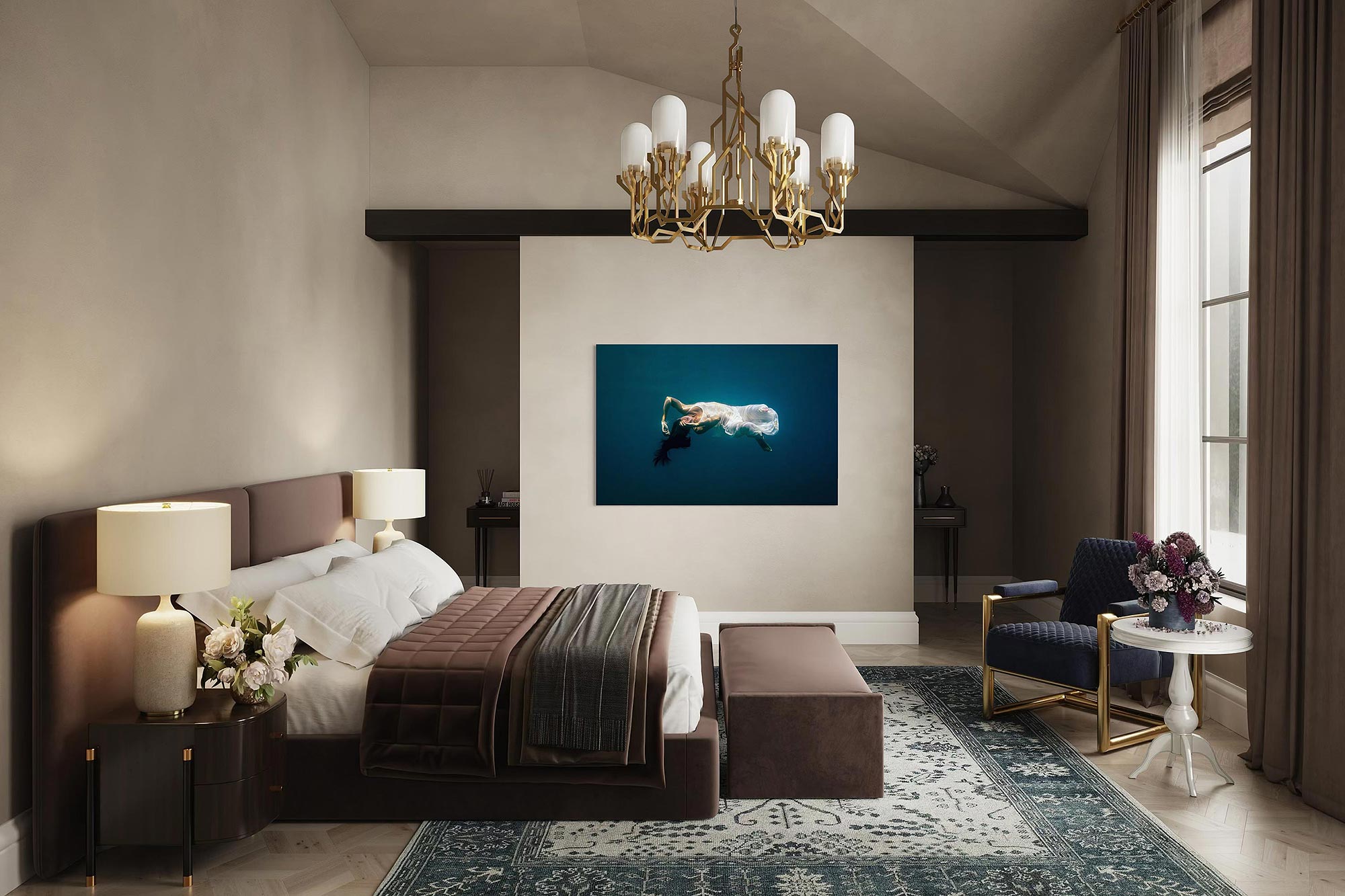 Underwater portrait fine art print displayed in a modern bedroom.