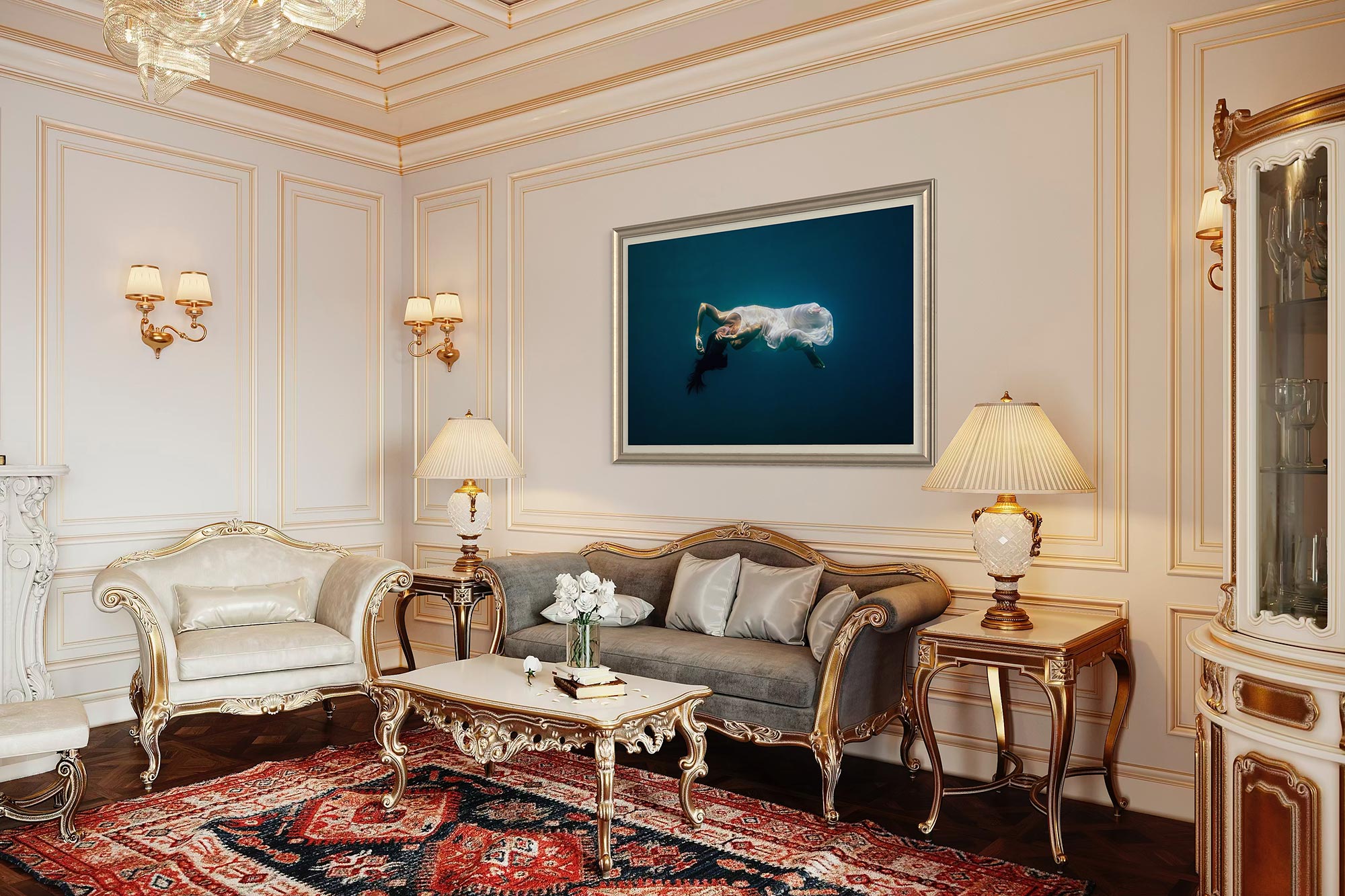 Underwater fine art photo print displayed in an elegant classic living room.