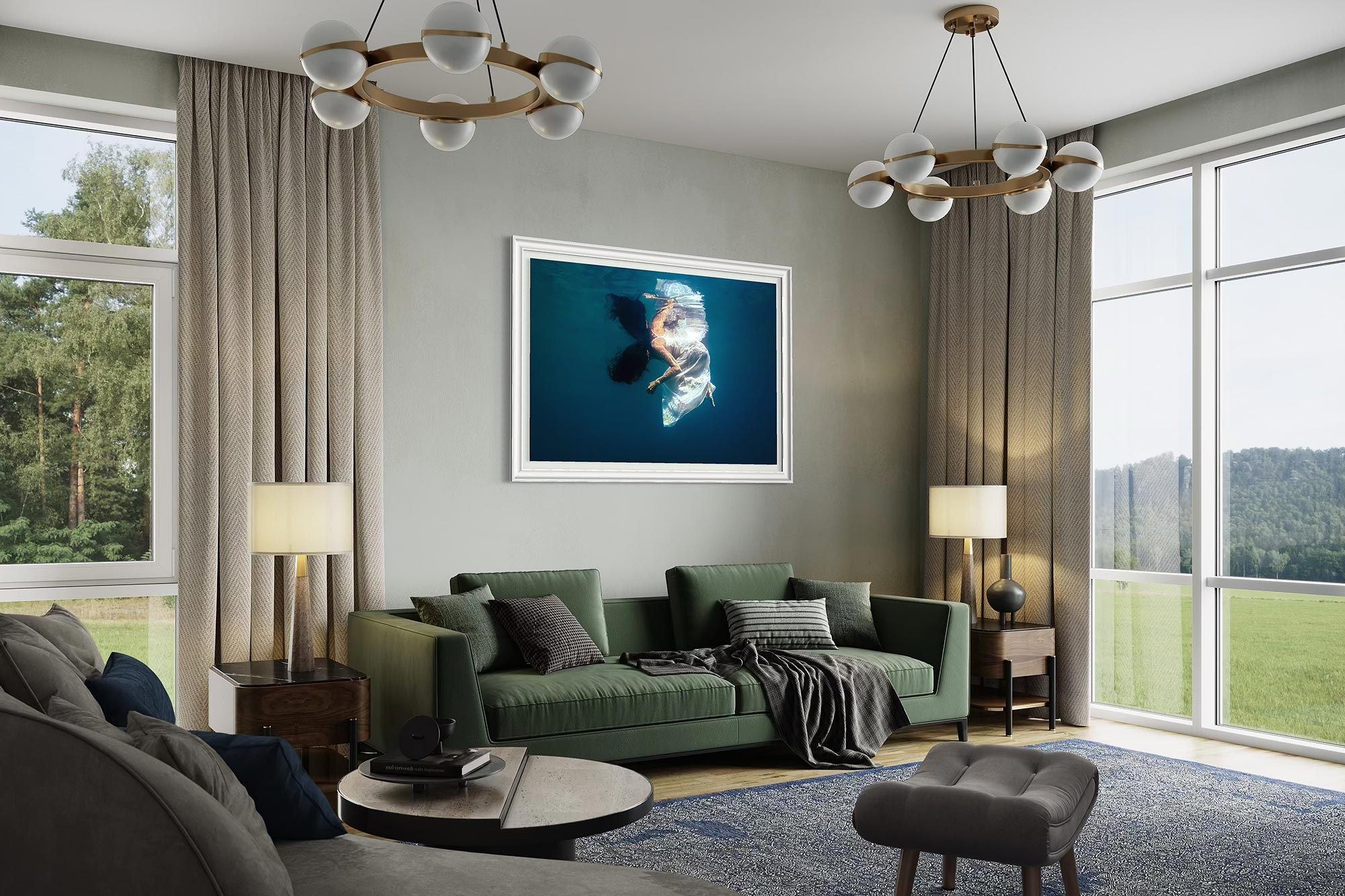 Underwater fine art photograph styled as framed wall art in a modern living room interior.