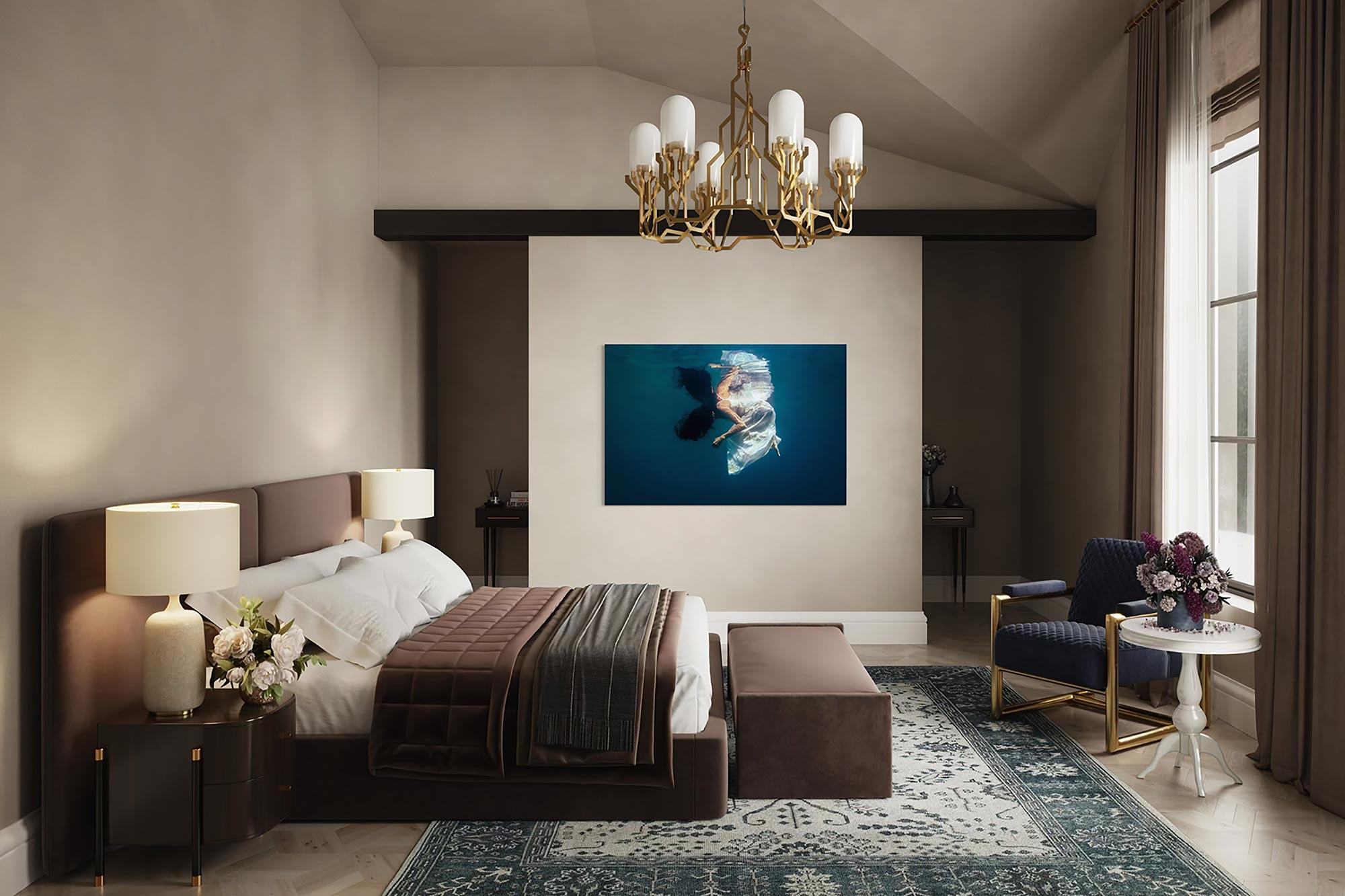 Underwater portrait fine art print displayed in a modern bedroom.